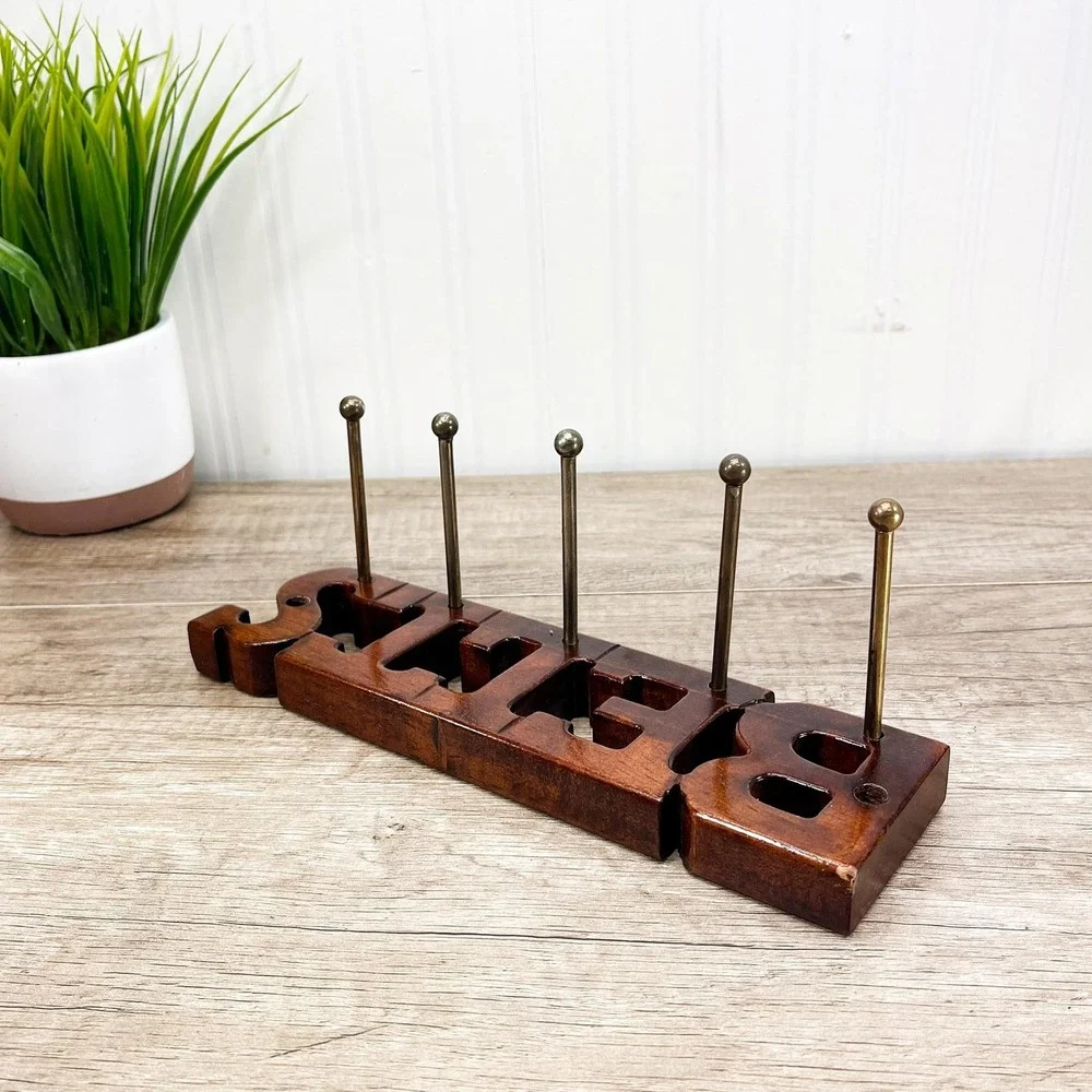 Vintage Wooden Belt Rack: 5 Brass Pegs